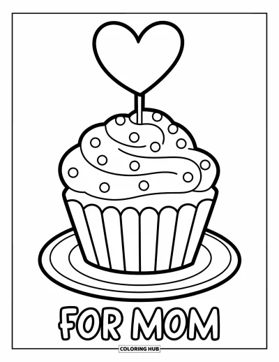 Omalovánka ke Dni matek pro děti: Roztomilý cupcake na talířku se slovy "For Mom"