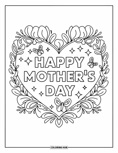 Omalovánka ke Dni matek pro děti: Květinový rámeček s motýlky kolem srdce s nápisem "Happy Mother's Day"