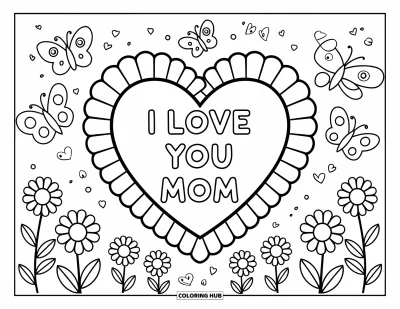 Omalovánka ke Dni matek pro děti: Zdobené srdce s veselými motýlky, květinami a nápisem "I Love You Mom"