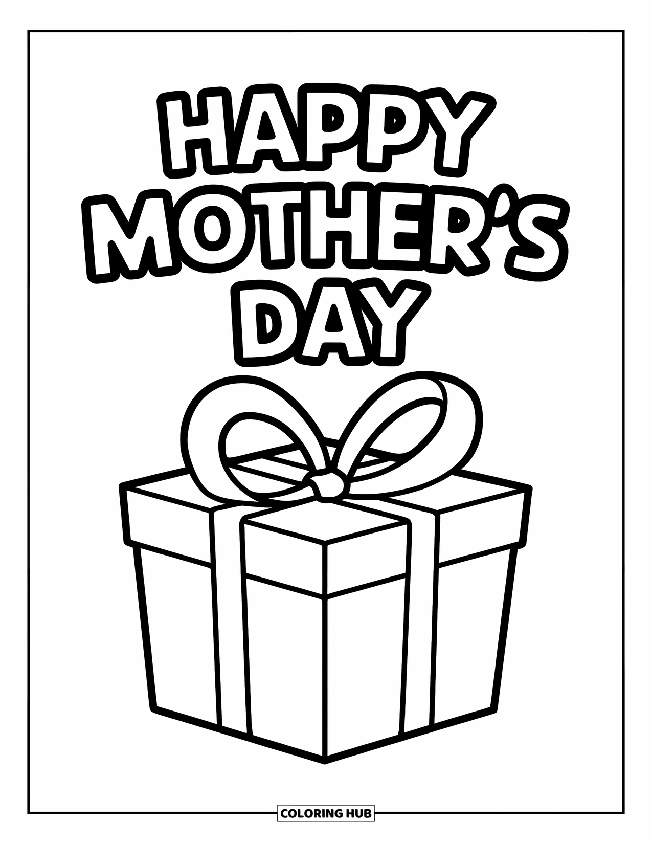 Mothers Day Coloring Page for Kids: Gift box with a heart ribbon and "Happy Mother's Day" above