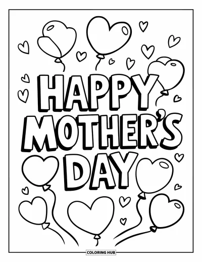 Omalovánka ke Dni matek pro děti: Radostné přáníčko s velkými balónky a slovy "Happy Mother's Day"