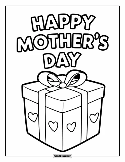 Omalovánka ke Dni matek pro děti: Krásná dárková krabička se srdíčky a nápisem "Happy Mother's Day"