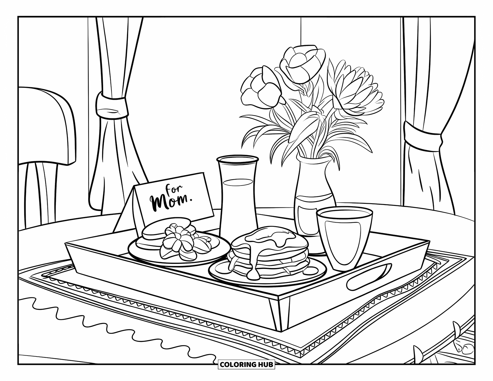 Mothers Day Coloring Page for Kids: Morning treat tray with juice, flowers, and a card that reads "For Mom