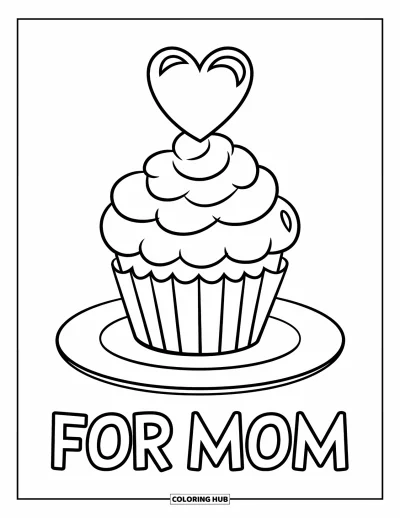 Omalovánka ke Dni matek pro děti: Sladký cupcake se srdíčkem nahoře a láskyplným vzkazem "For Mom"