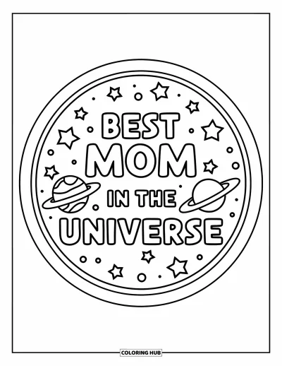 Omalovánka ke Dni matek pro děti: Vířivá galaxie s hvězdami a vzkazem "Best Mom in the Universe"