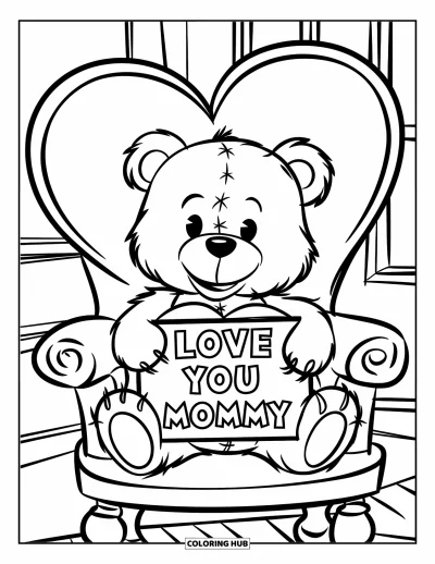 Omalovánka ke Dni matek pro děti: Plyšový medvídek drží cedulku "Love You Mommy" se srdíčkem kolem