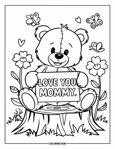 Omalovánka ke Dni matek pro děti: Plyšový medvídek sedí spokojeně s cedulkou "Love You Mommy"