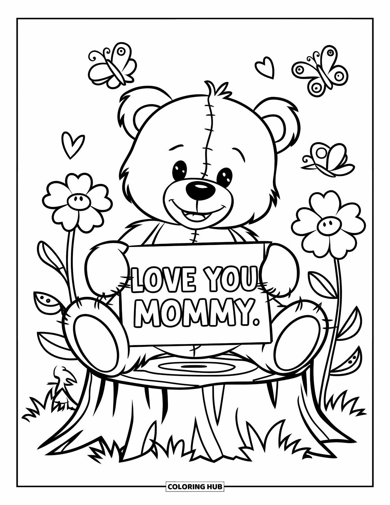Mothers Day Coloring Page for Kids: Teddy bear sits happily with a sign that says "Love You Mommy