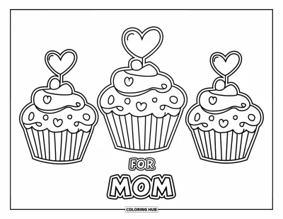 Omalovánka ke Dni matek pro děti: Tři roztomilé cupcaky se srdíčkovými ozdobami a nápisem "For Mom"