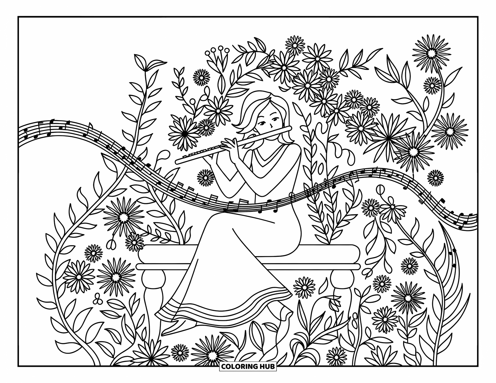 Desenho de Música para Colorir para Adultos: Uma flautista graciosa em um jardim onde as notas dançam com as flores