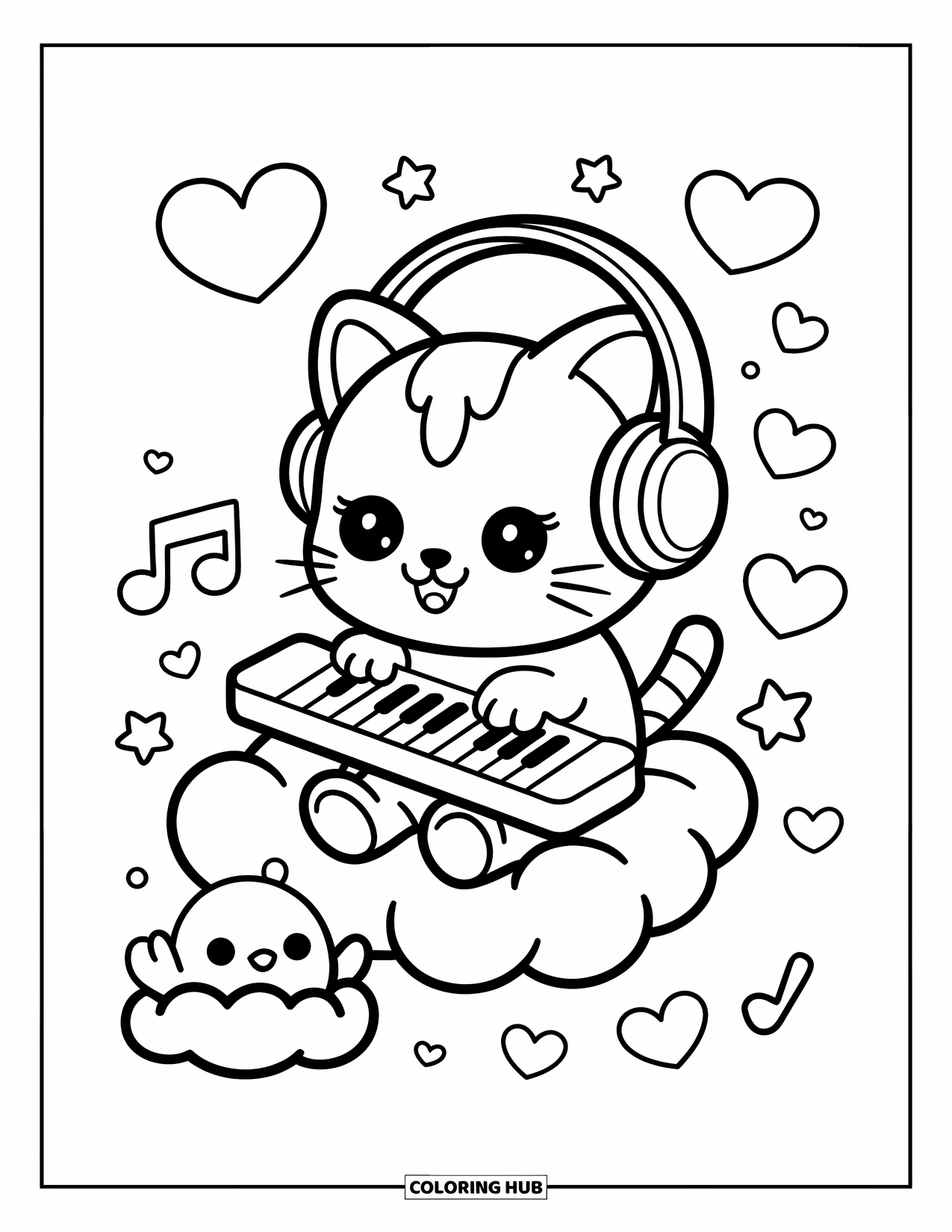 Desenho de Música para Colorir para Adultos: Um gatinho com fones de ouvido toca teclado nas nuvens enquanto pássaros flutuam por perto curtindo o show