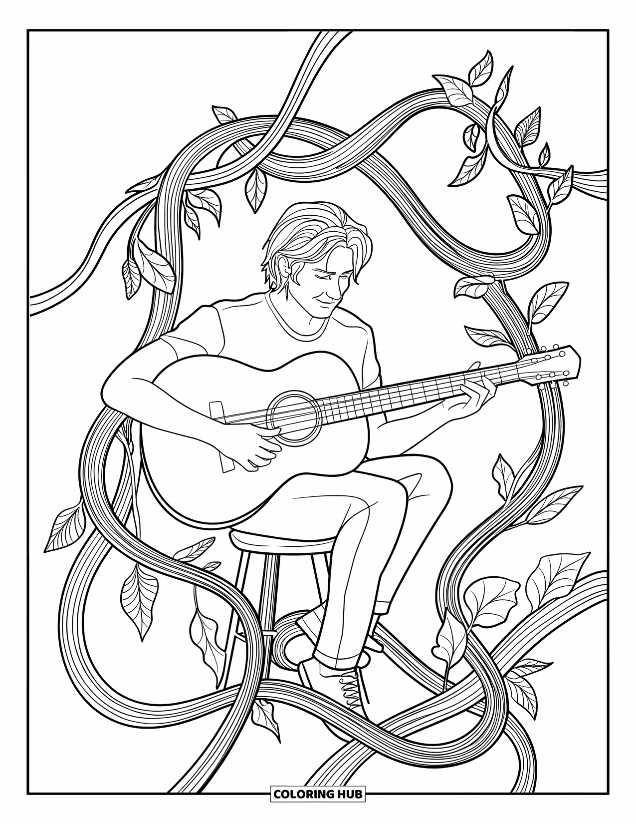 Desenho de Música para Colorir para Adultos: Um momento tranquilo com um guitarrista cercado por videiras enroladas e linhas musicais em camadas
