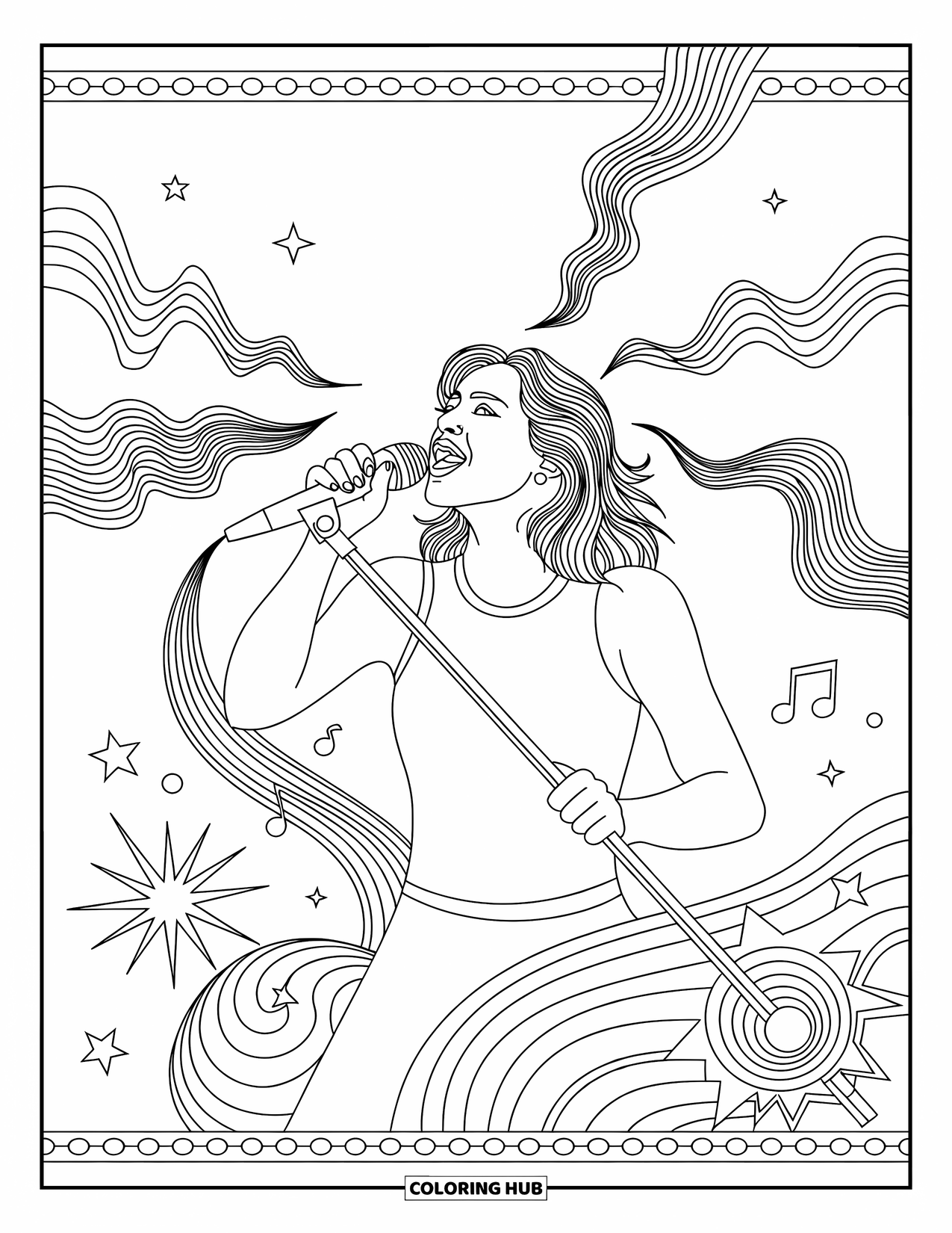 Desenho de Música para Colorir para Adultos: Uma cantora cercada por estrelas, notas e ondas decorativas em um momento de expressão