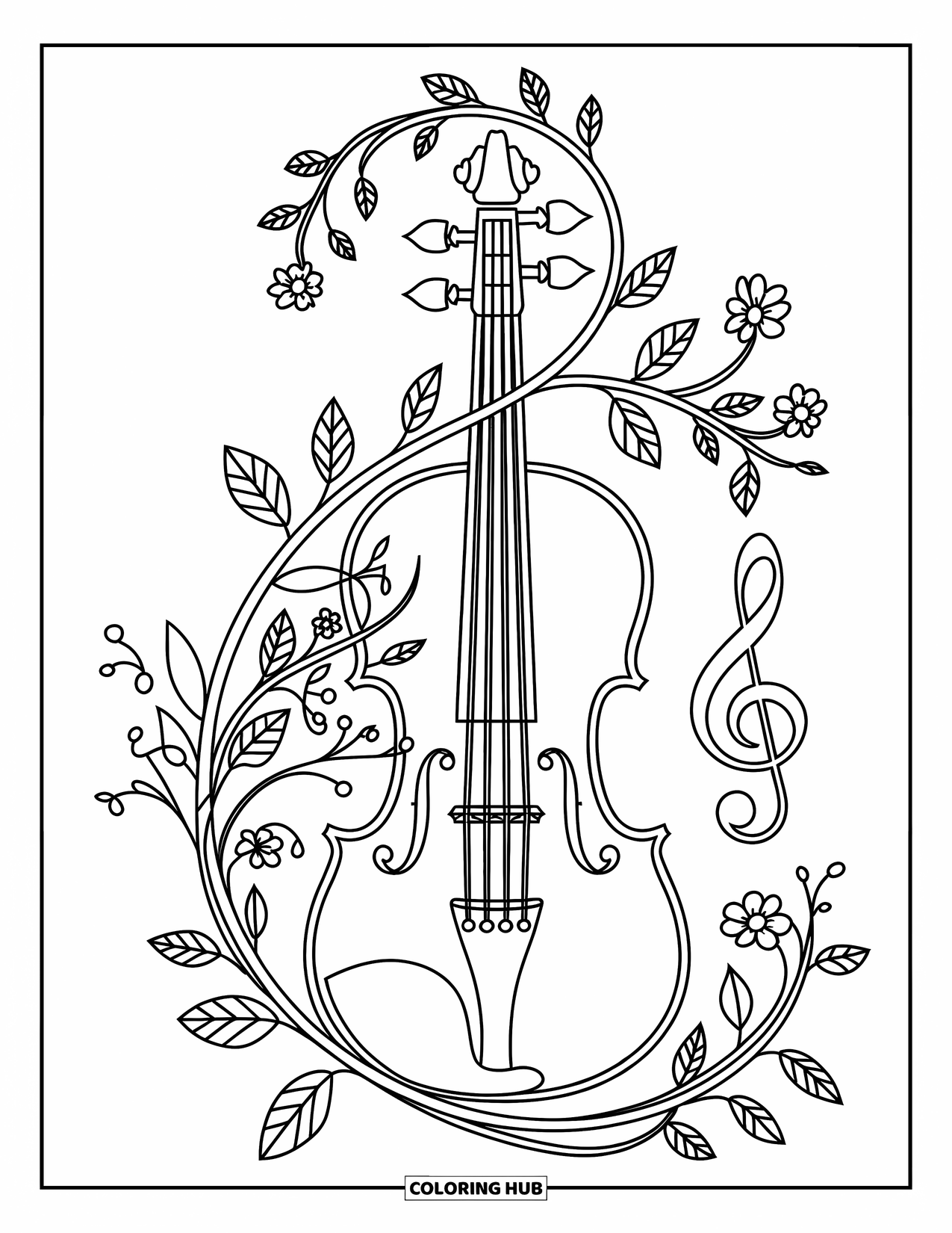 Desenho de Música para Colorir para Adultos: Um violino envolto em videiras e símbolos, cercado por notas musicais e flores