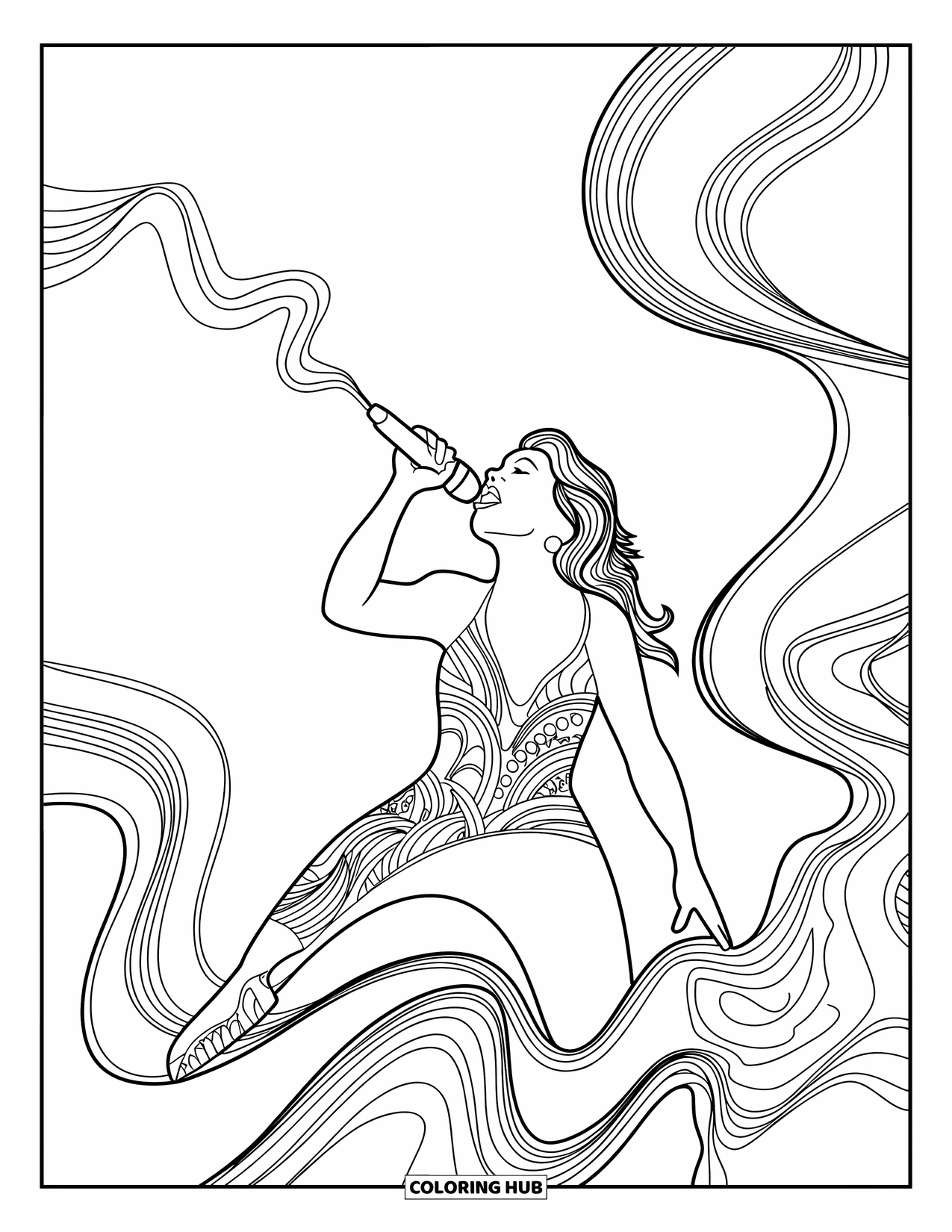 Desenho de Música para Colorir para Adultos: Um vocalista se apresenta com talento dinâmico enquanto ondas e padrões musicais enchem o ar