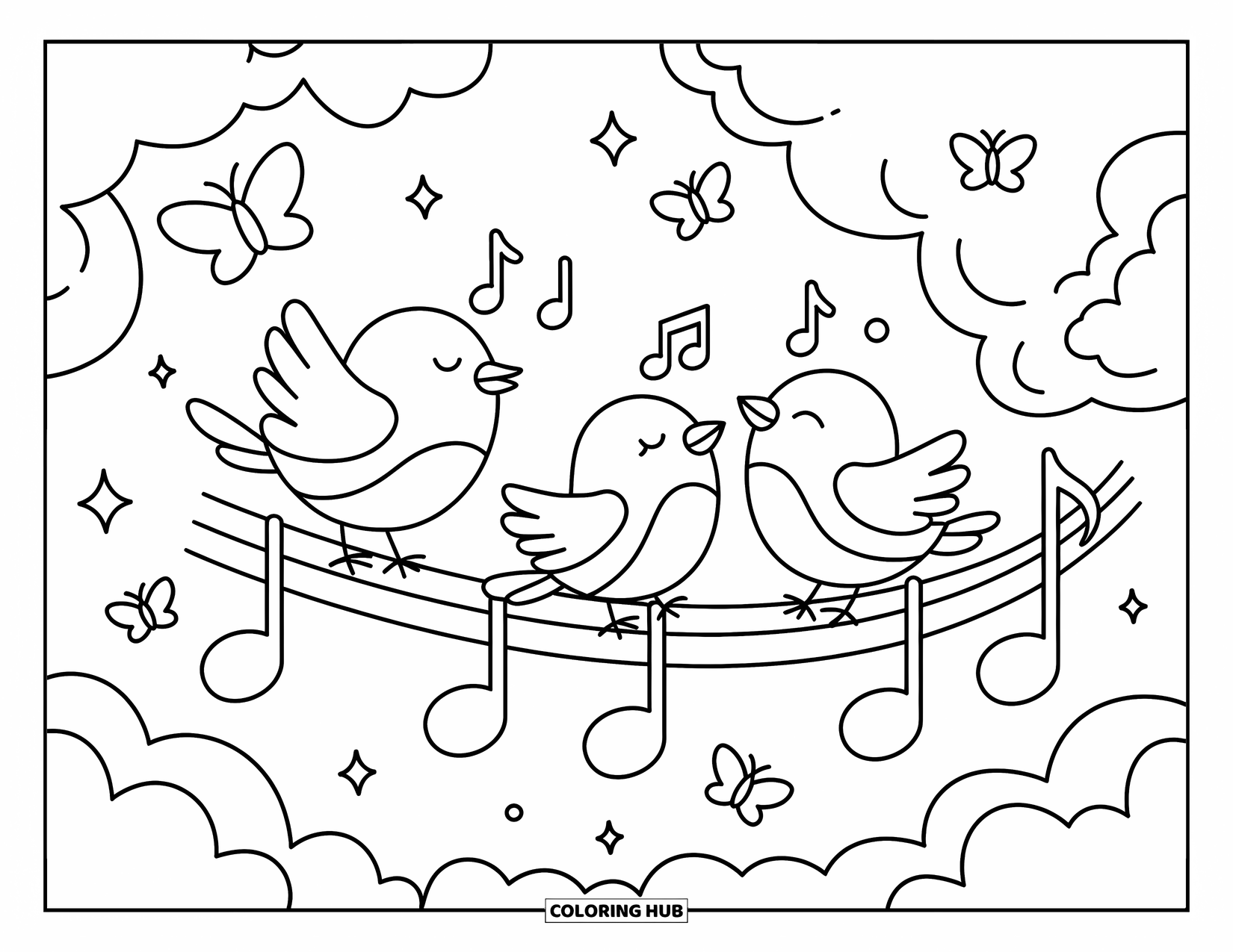 Desenho de Música para Colorir para Adultos: Pássaros cantam de olhos fechados em uma videira de notas, cercados por nuvens e brilhos
