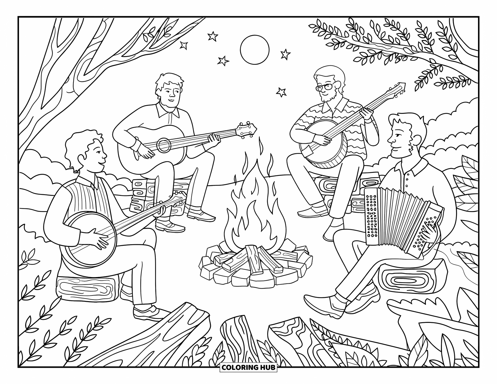 Desenho de Música para Colorir para Adultos: Fogueira cintila enquanto músicos tocam cercados por padrões, estrelas e brisa noturna suave