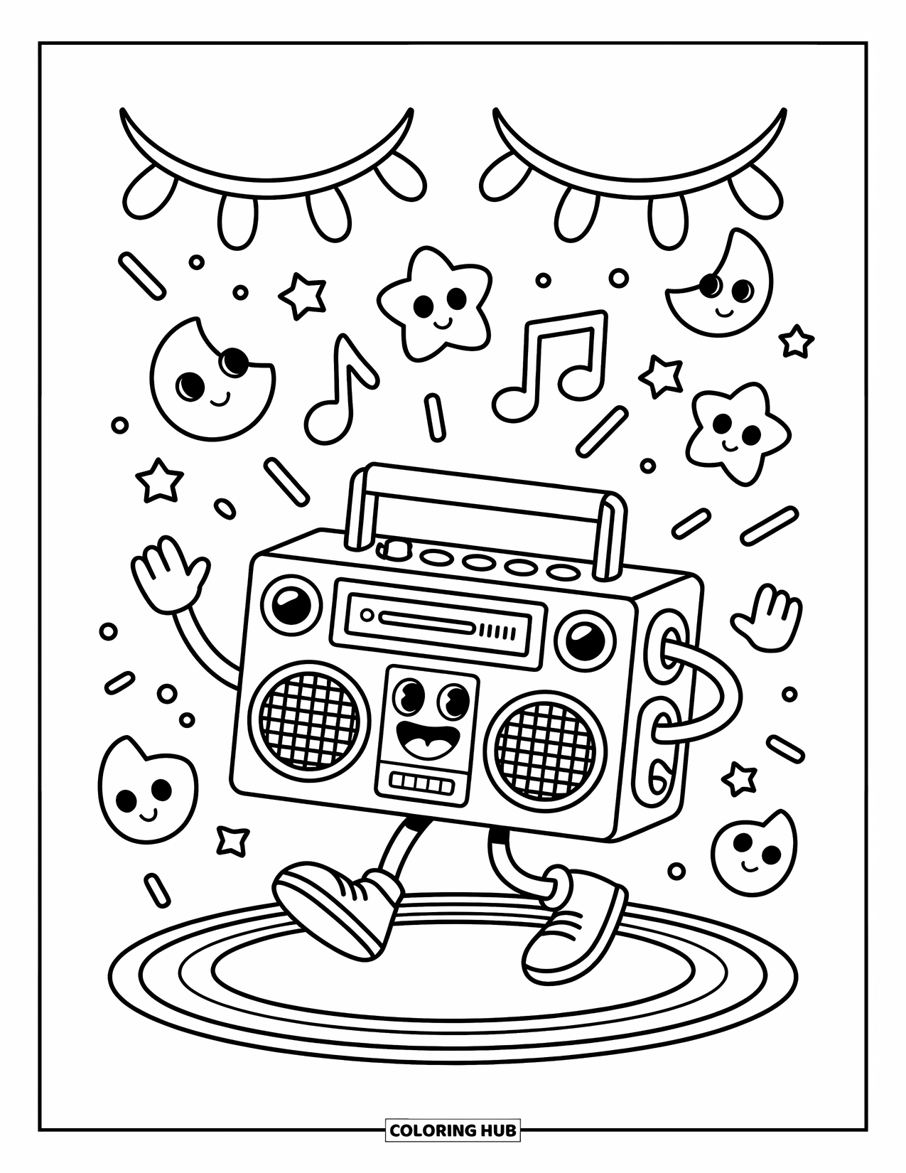 Desenho de Música para Colorir para Adultos: Boombox dança em um tapete enquanto estrelas e luas saltam com a música