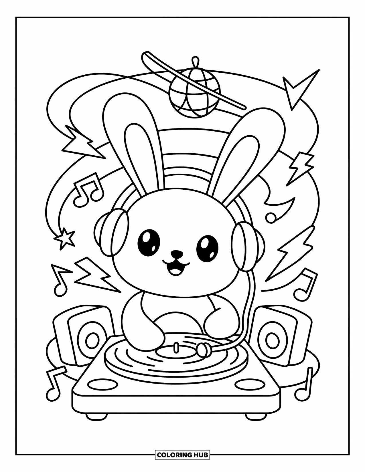 Desenho de Música para Colorir para Adultos: Coelhinha com fones de ouvido gira músicas enquanto raios e música giram pelo ar