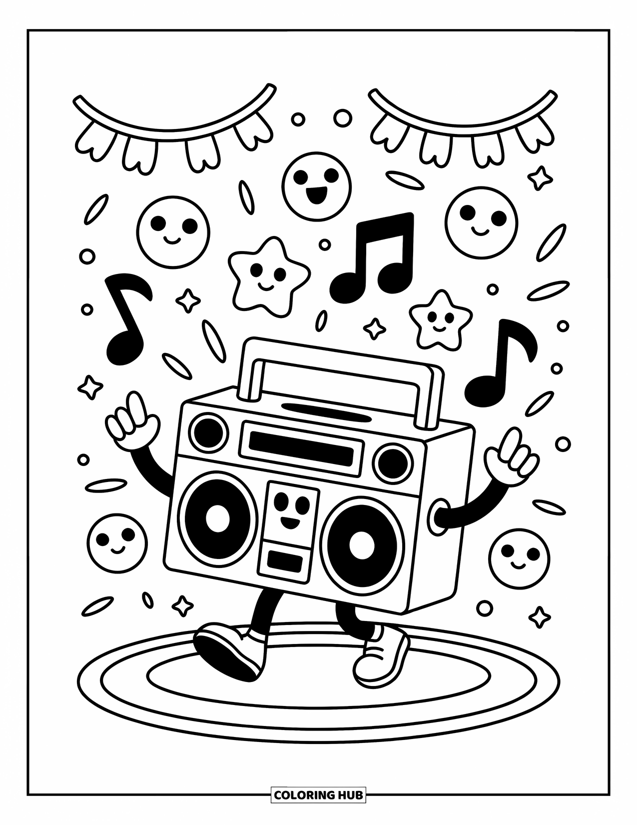 Desenho de Música para Colorir para Adultos: Boombox alegre dança em um tapete com estrelas sorridentes, serpentinas e notas saltitantes
