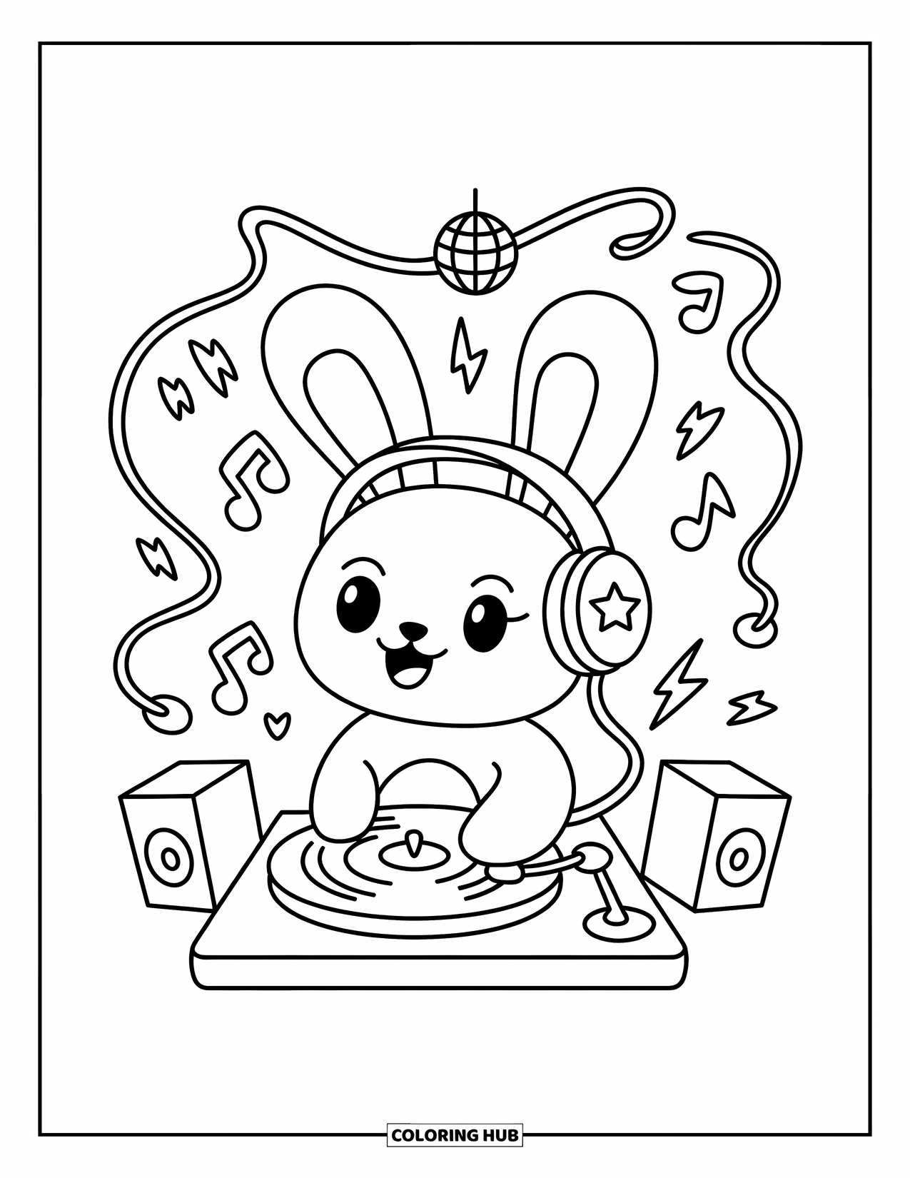 Desenho de Música para Colorir para Adultos: Coelhinha DJ alegre toca música com uma bola de discoteca e notas flutuantes acima