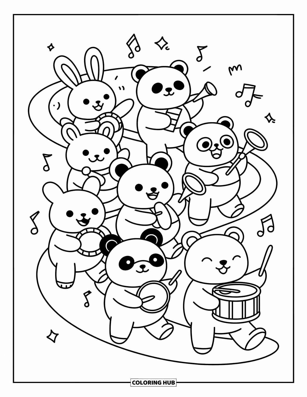 Desenho de Música para Colorir para Adultos: Animais rechonchudos desfilam com instrumentos minúsculos, enchendo o ar com notas e brilhos