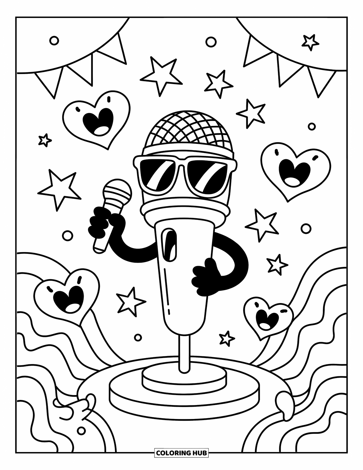 Desenho de Música para Colorir para Adultos: Microfone legal com óculos escuros agita o palco enquanto estrelas e corações aplaudem