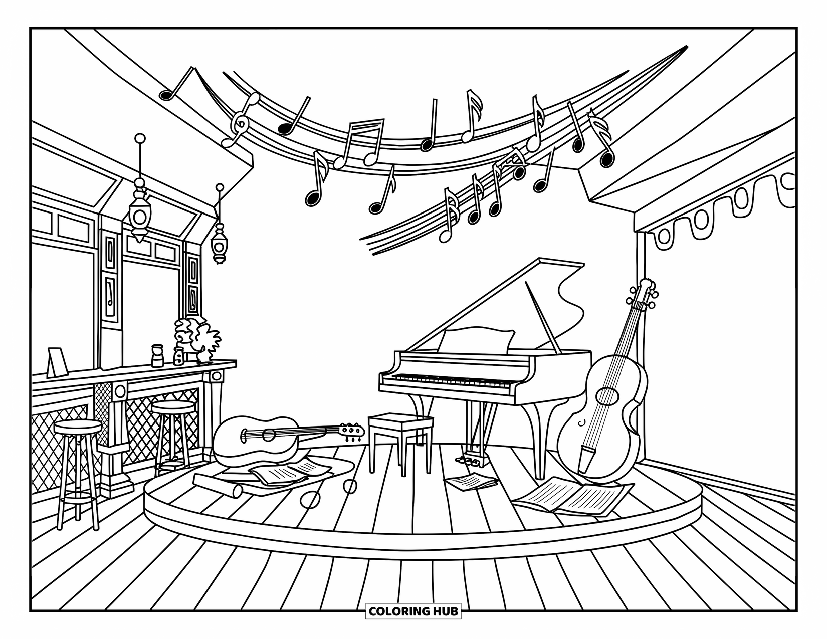 Desenho de Música para Colorir para Adultos: Café musical aconchegante com piano, violão e violino no palco sob notas penduradas suavemente