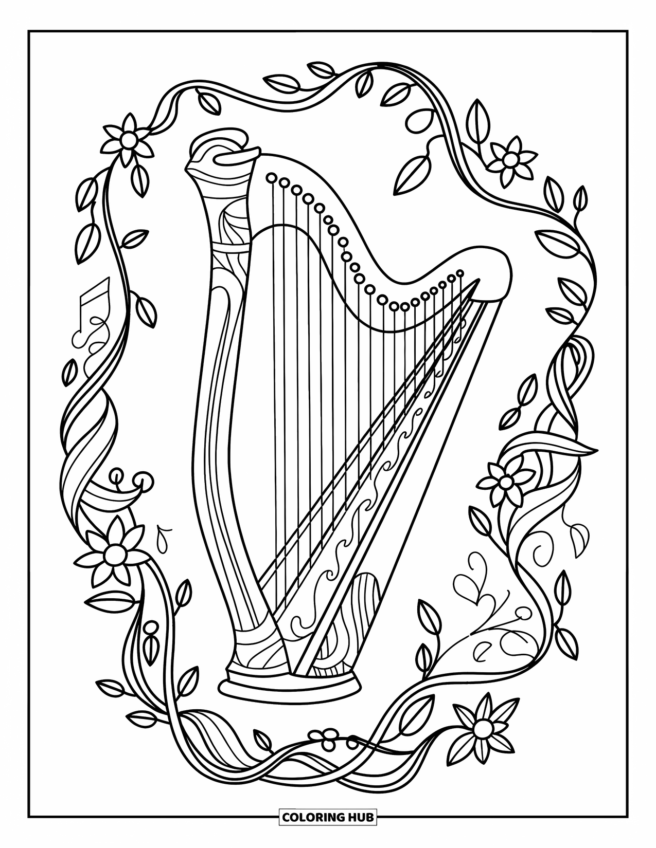 Desenho de Música para Colorir para Adultos: Harpa curva envolta em uma moldura decorativa de videiras, flores e detalhes musicais