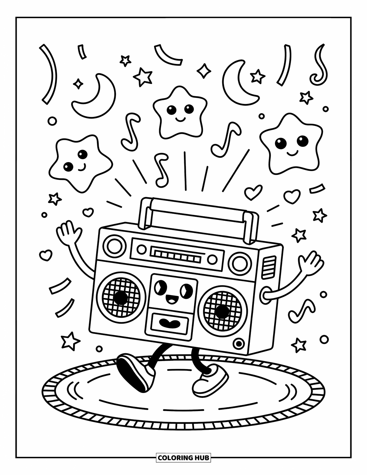 Desenho de Música para Colorir para Adultos: Boombox dançante toca música enquanto estrelas, luas e confetes se juntam à diversão