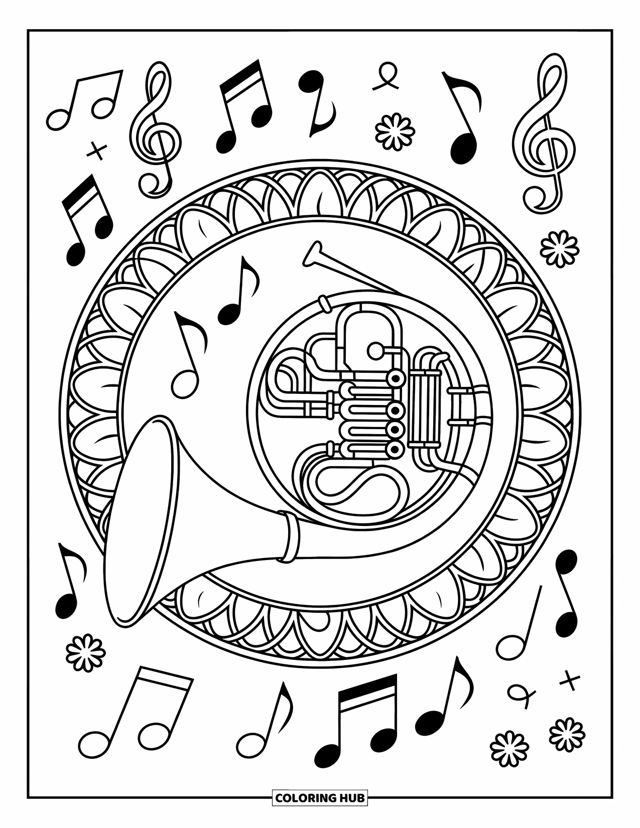 Desenho de Música para Colorir para Adultos: Treliças decorativas e música giram em torno das curvas e válvulas intrincadas de uma trompa