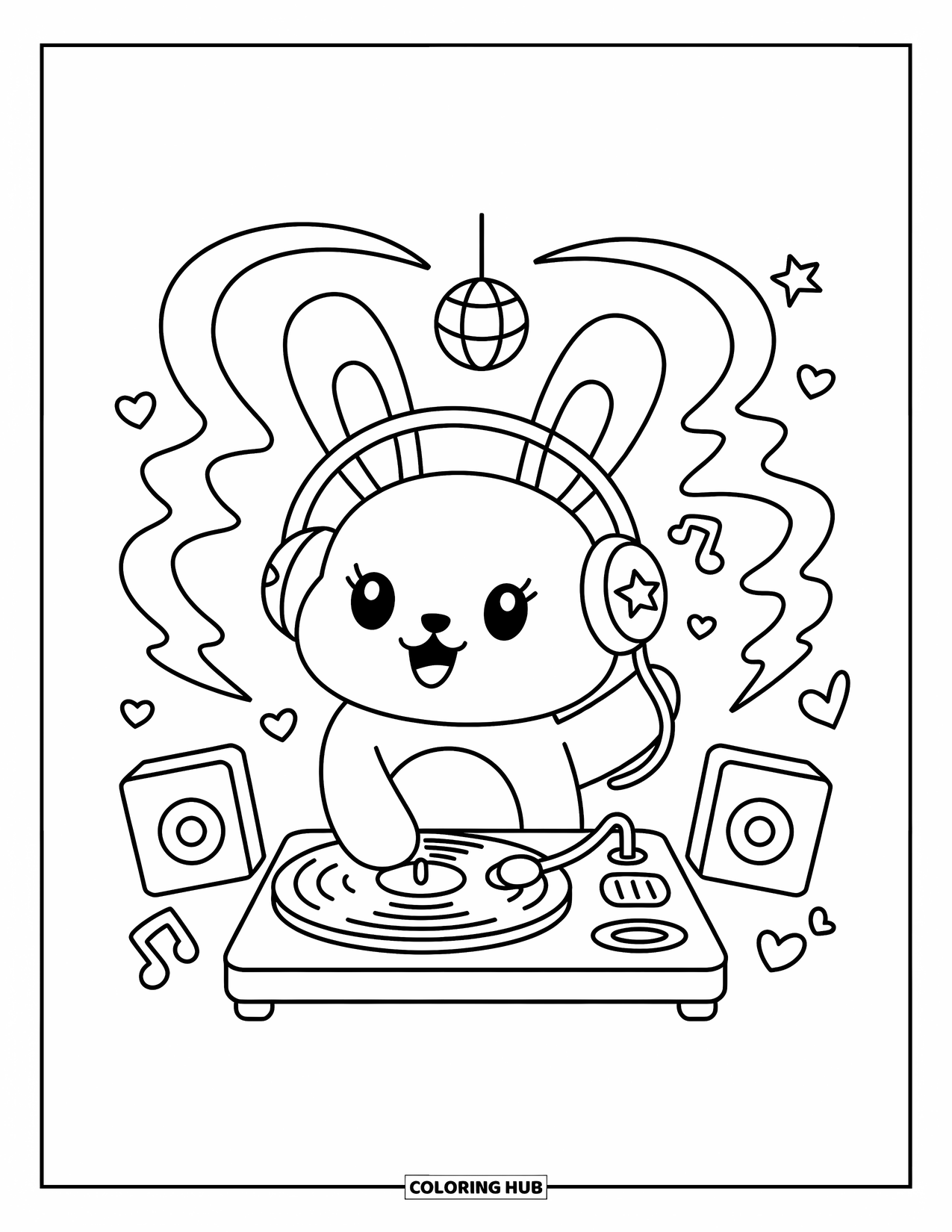 Desenho de Música para Colorir para Adultos: Coelhinha DJ gira discos com fones de ouvido estrelados e música girando ao redor