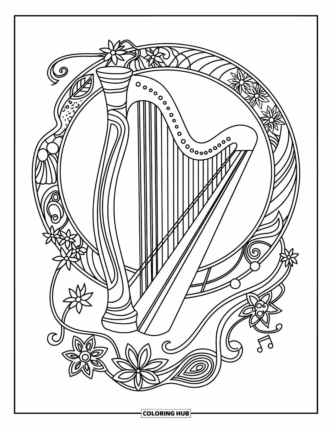 Desenho de Música para Colorir para Adultos: Harpa elegante dentro de uma borda redonda de redemoinhos, flores e formas geométricas