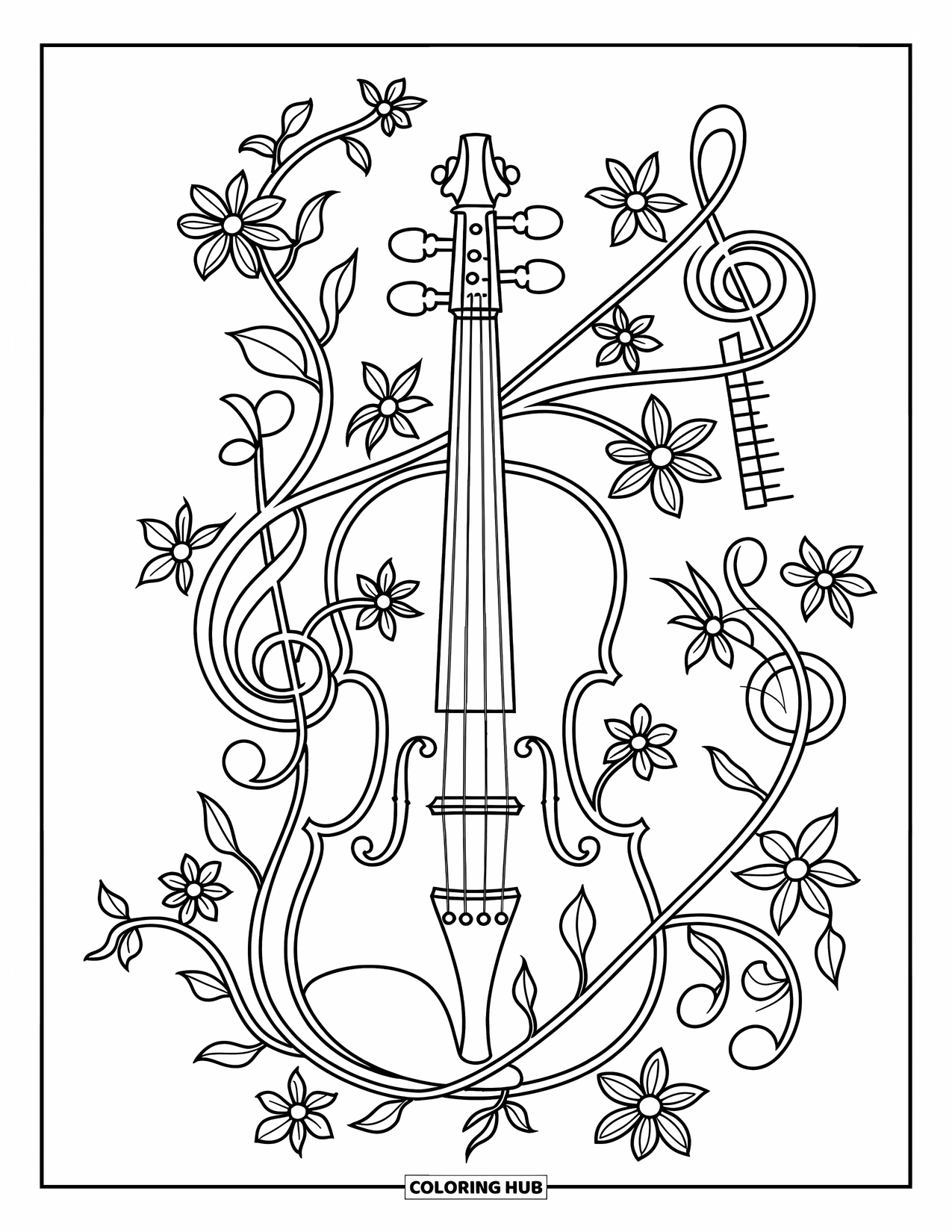 Desenho de Música para Colorir para Adultos: Videiras florais e notas serpenteiam em torno de um violino em um layout calmo e intrincado