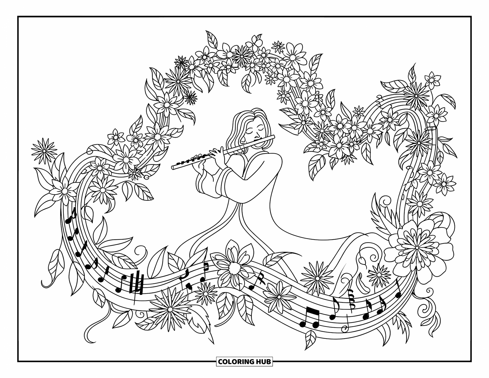 Desenho de Música para Colorir para Adultos: Flautista em um jardim onde flores e música giram juntas pacificamente