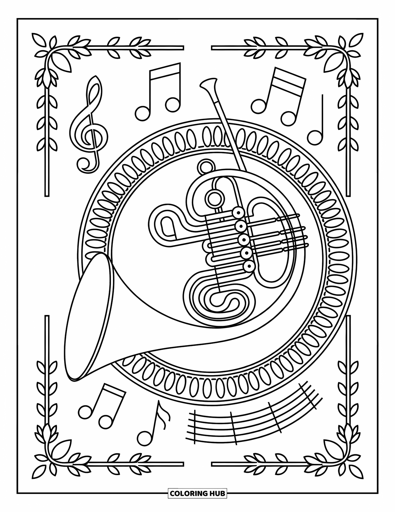 Desenho de Música para Colorir para Adultos: Trompa fica no centro de treliças detalhadas e símbolos musicais dançantes