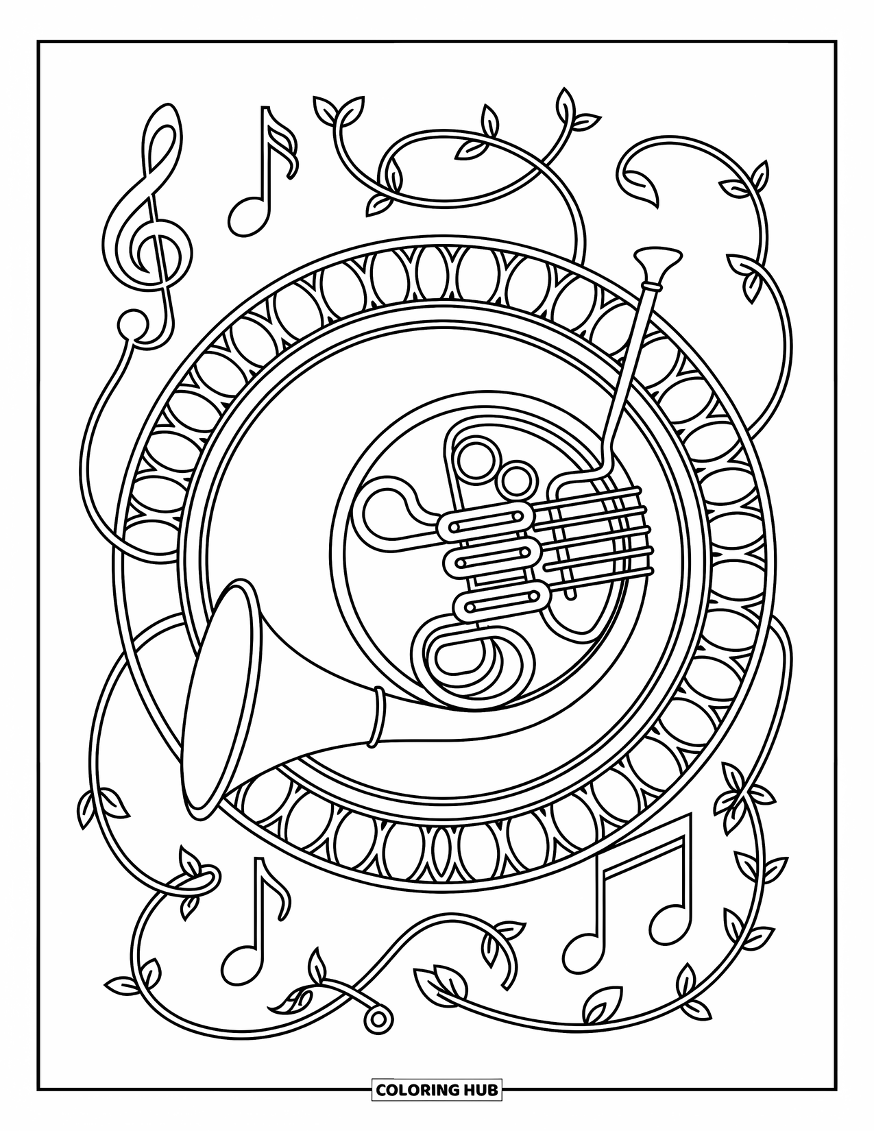 Desenho de Música para Colorir para Adultos: Trompa cercada por videiras giratórias e símbolos musicais em um design elegante