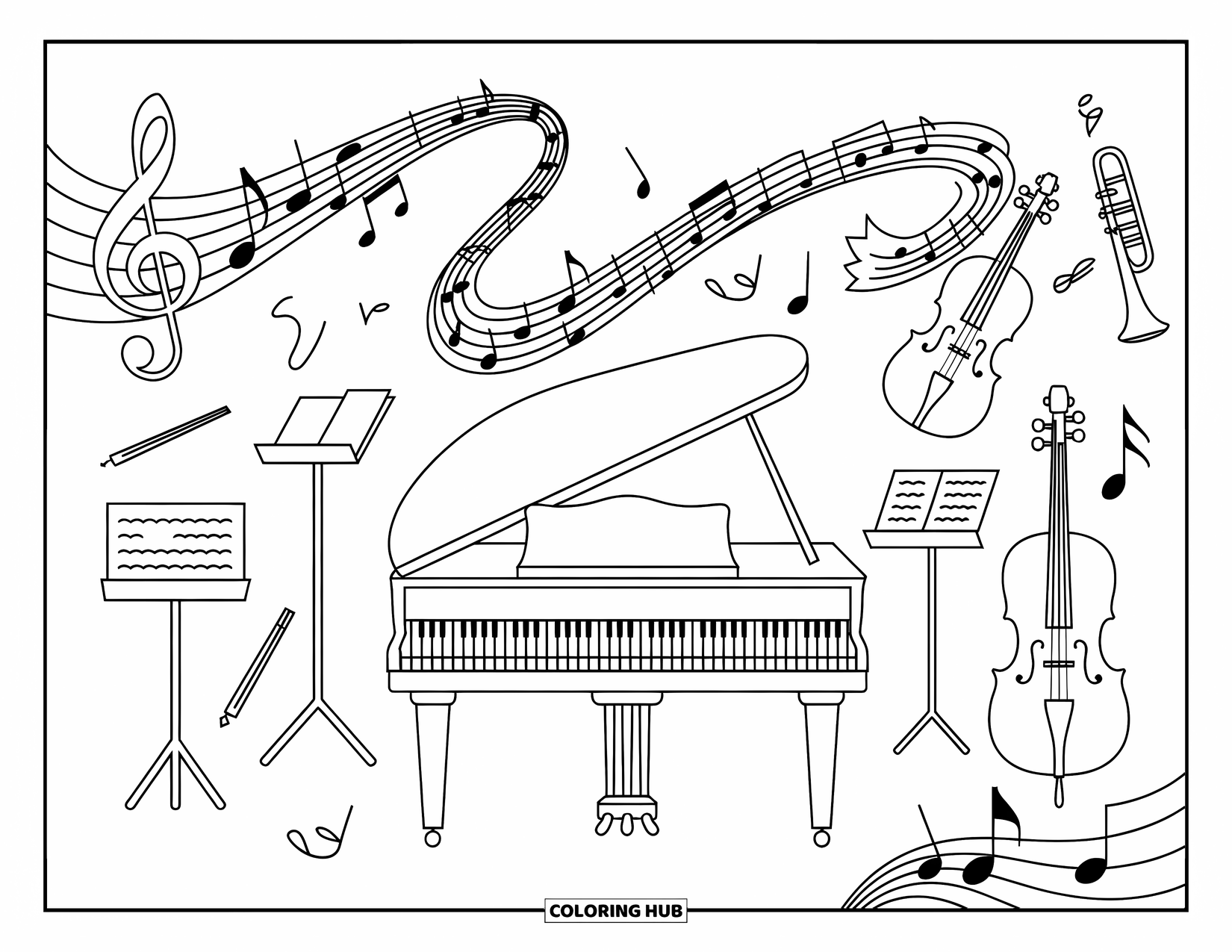 Desenho de Música para Colorir para Adultos: Piano de cauda e instrumentos em uma sala musical com notas e pautas girando