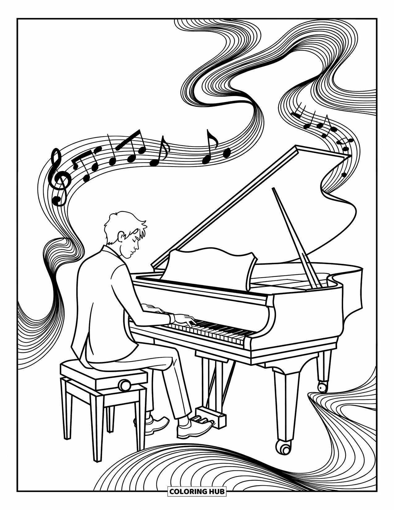 Desenho de Música para Colorir para Adultos: Piano de cauda e espirais de notas formam um fundo elegante e fluido
