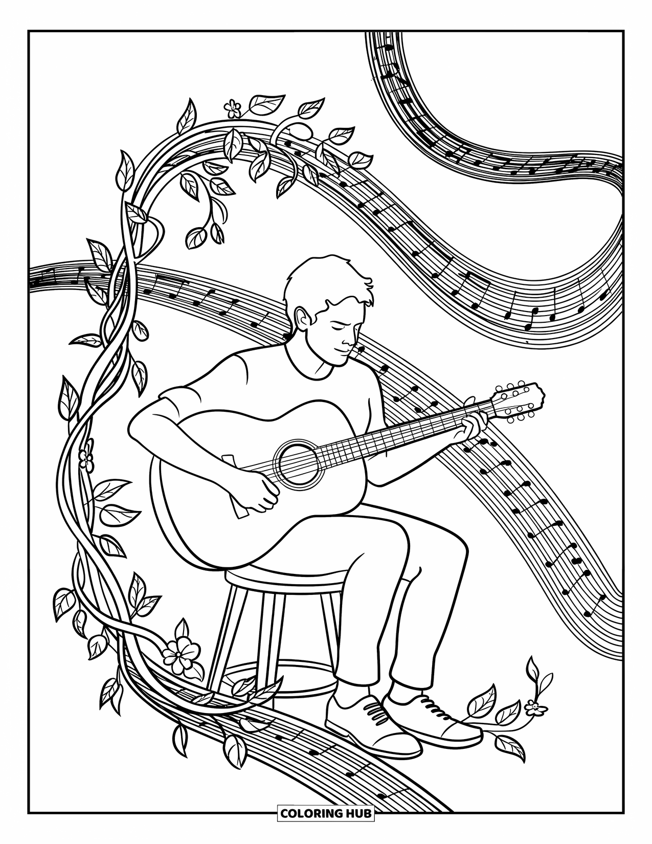 Desenho de Música para Colorir para Adultos: Guitarrista em uma pose pacífica enquanto videiras e flores emolduram a música fluindo pelo ar