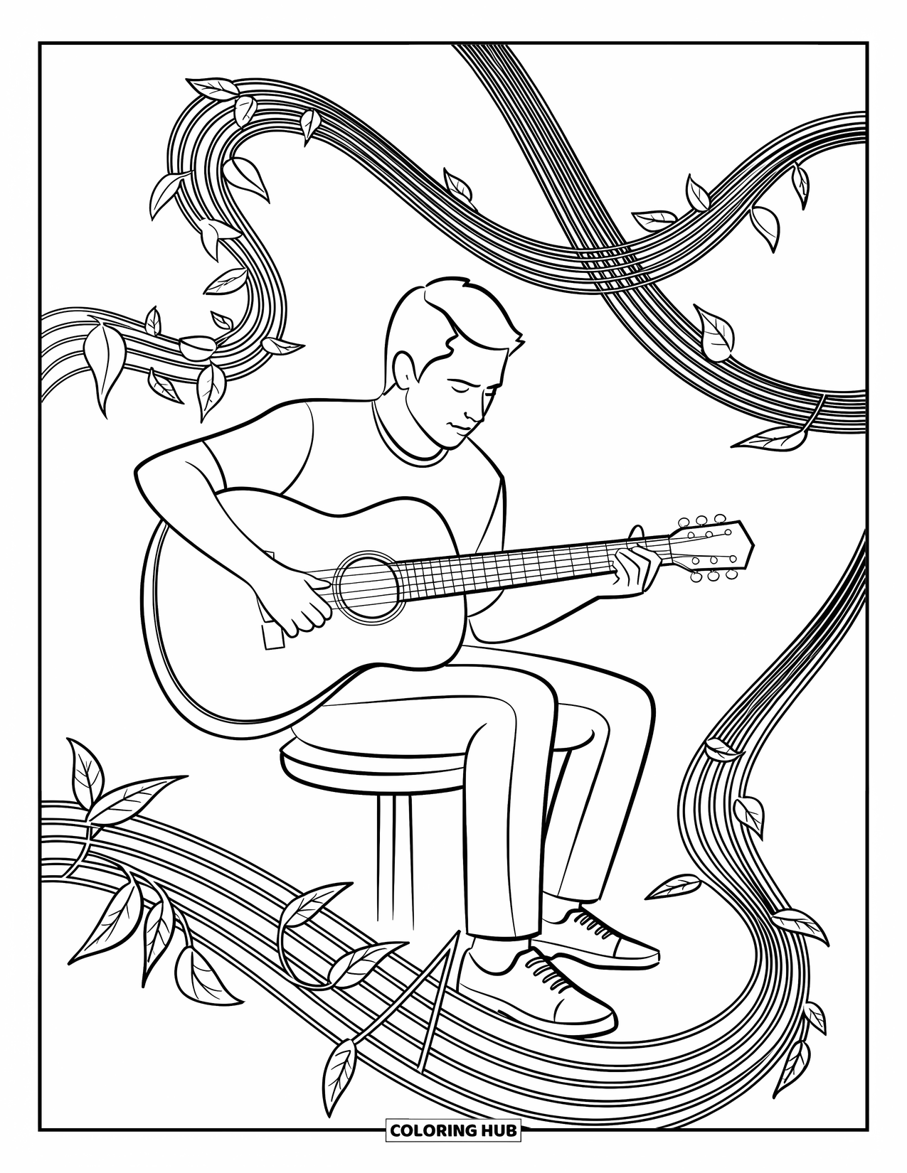 Desenho de Música para Colorir para Adultos: Guitarrista senta-se calmamente entre videiras giratórias e linhas musicais suaves envolvendo a cena