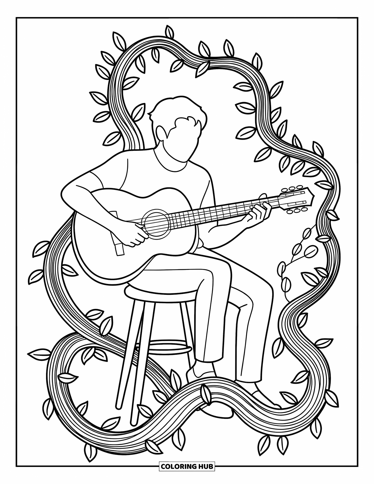 Desenho de Música para Colorir para Adultos: Guitarrista senta-se calmamente enquanto videiras e pautas musicais se entrelaçam em harmonia pacífica