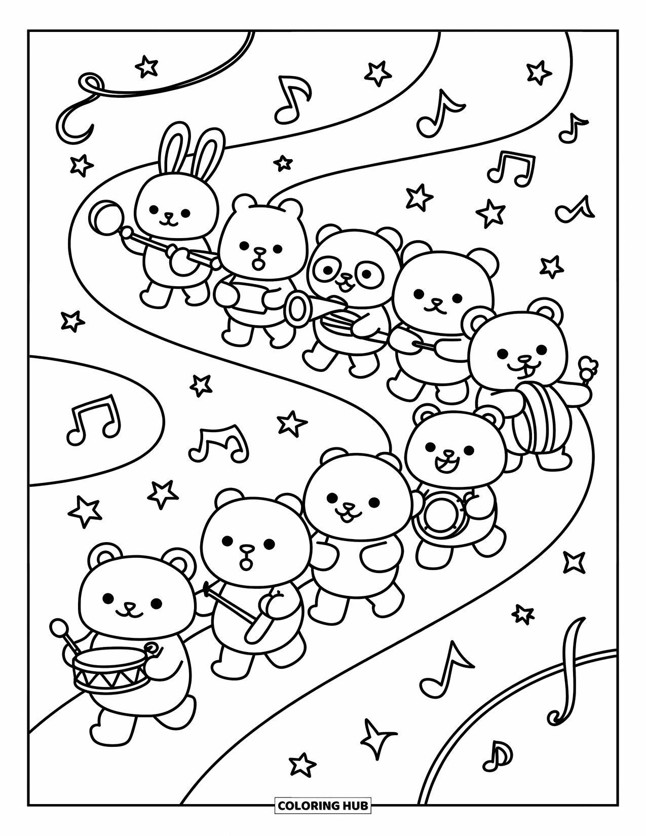 Desenho de Música para Colorir para Adultos: Animais felizes formam uma banda marcial com notas brilhantes, pandeiros e trombetes na mão