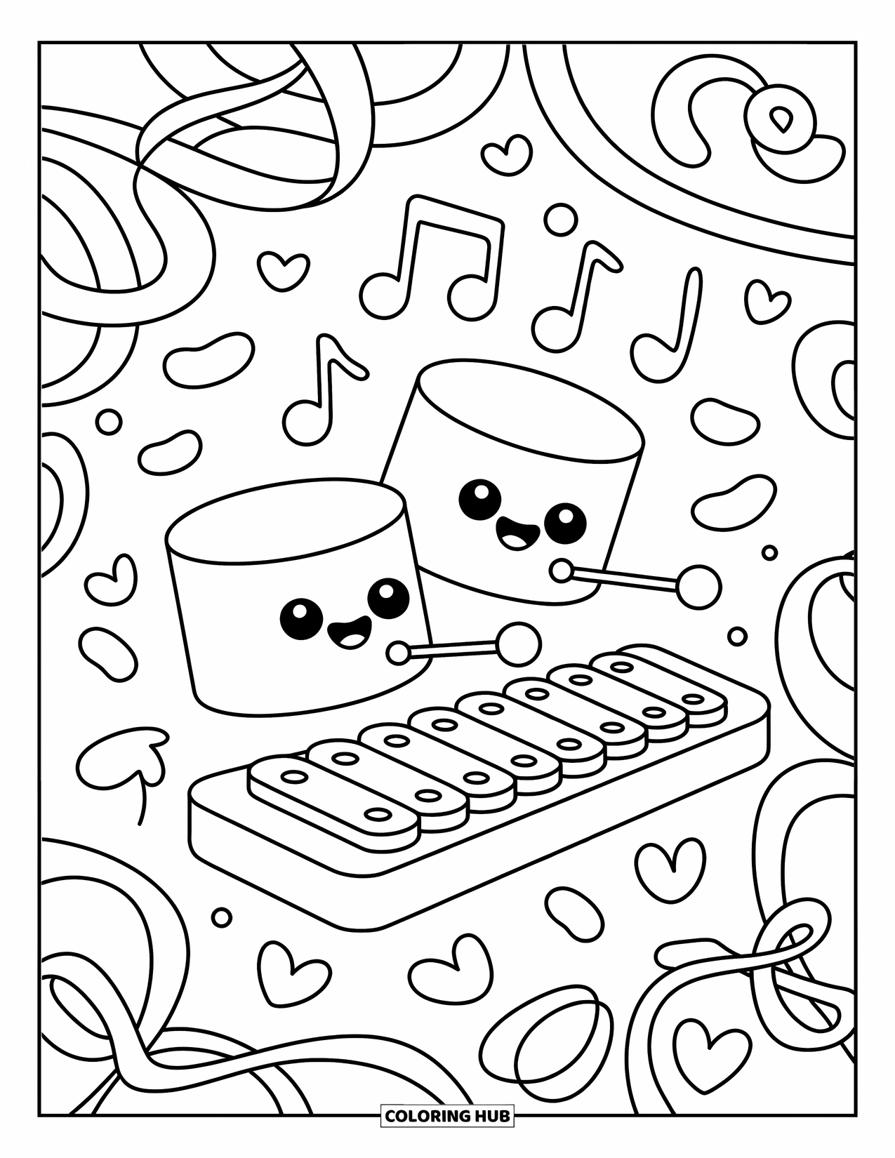 Desenho de Música para Colorir para Adultos: Marshmallows felizes tocam música com notas, jujubas e corações girando ao redor