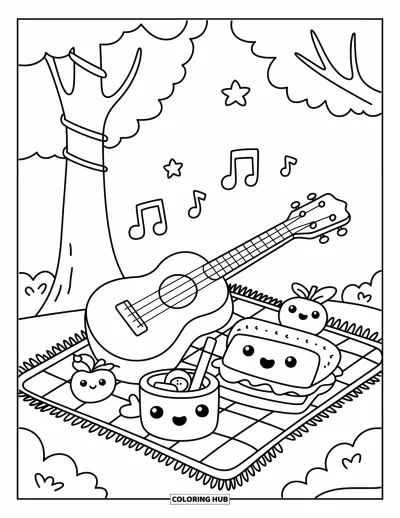 Musiikkivärityskuva aikuisille: Iloinen ukulele piknikillä pirteän eväskorin ja ilmassa leijuvan musiikin kera