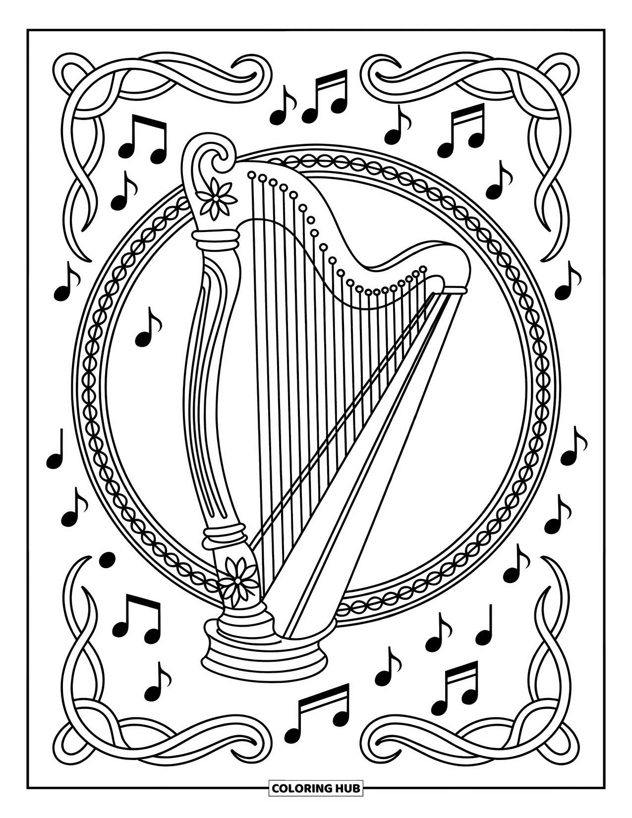 Desenho de Música para Colorir para Adultos: Harpa emoldurada em uma borda redonda preenchida com arabescos e notas flutuantes