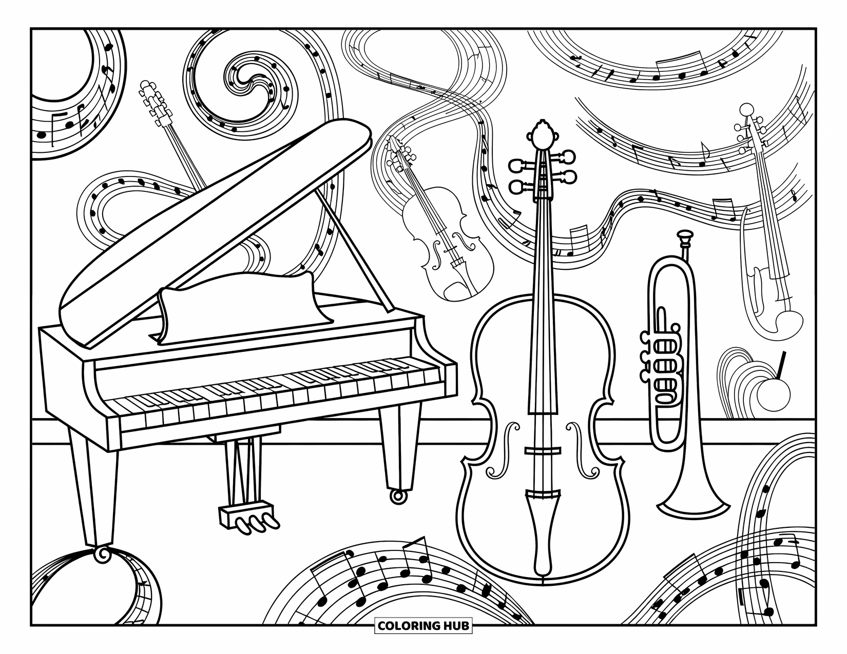 Desenho de Música para Colorir para Adultos: Instrumentos enchem uma sala de aula criativa enquanto pautas musicais se entrelaçam no fundo