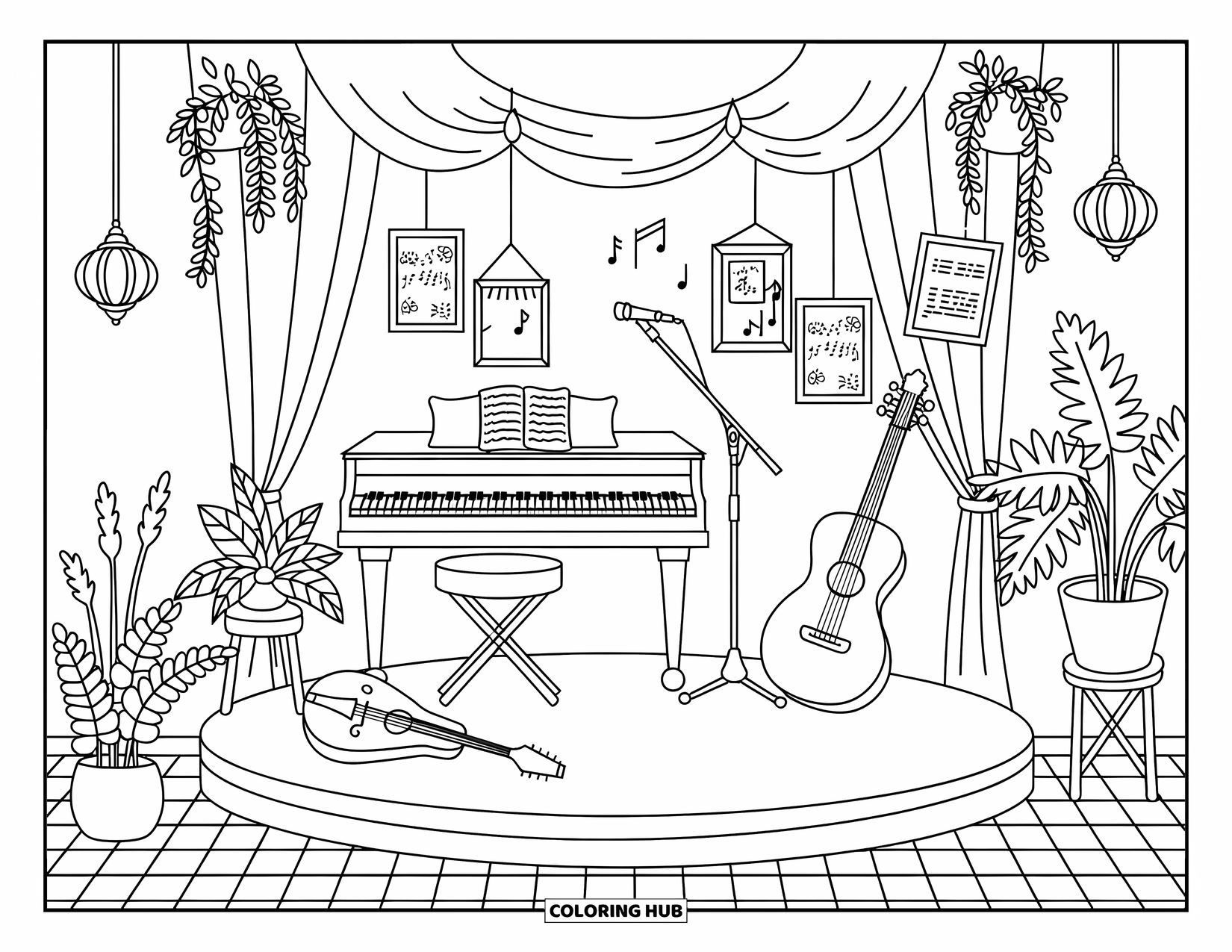 Desenho de Música para Colorir para Adultos: Instrumentos descansam em um canto de café aconchegante com vasos de plantas, lanternas e piso quadriculado