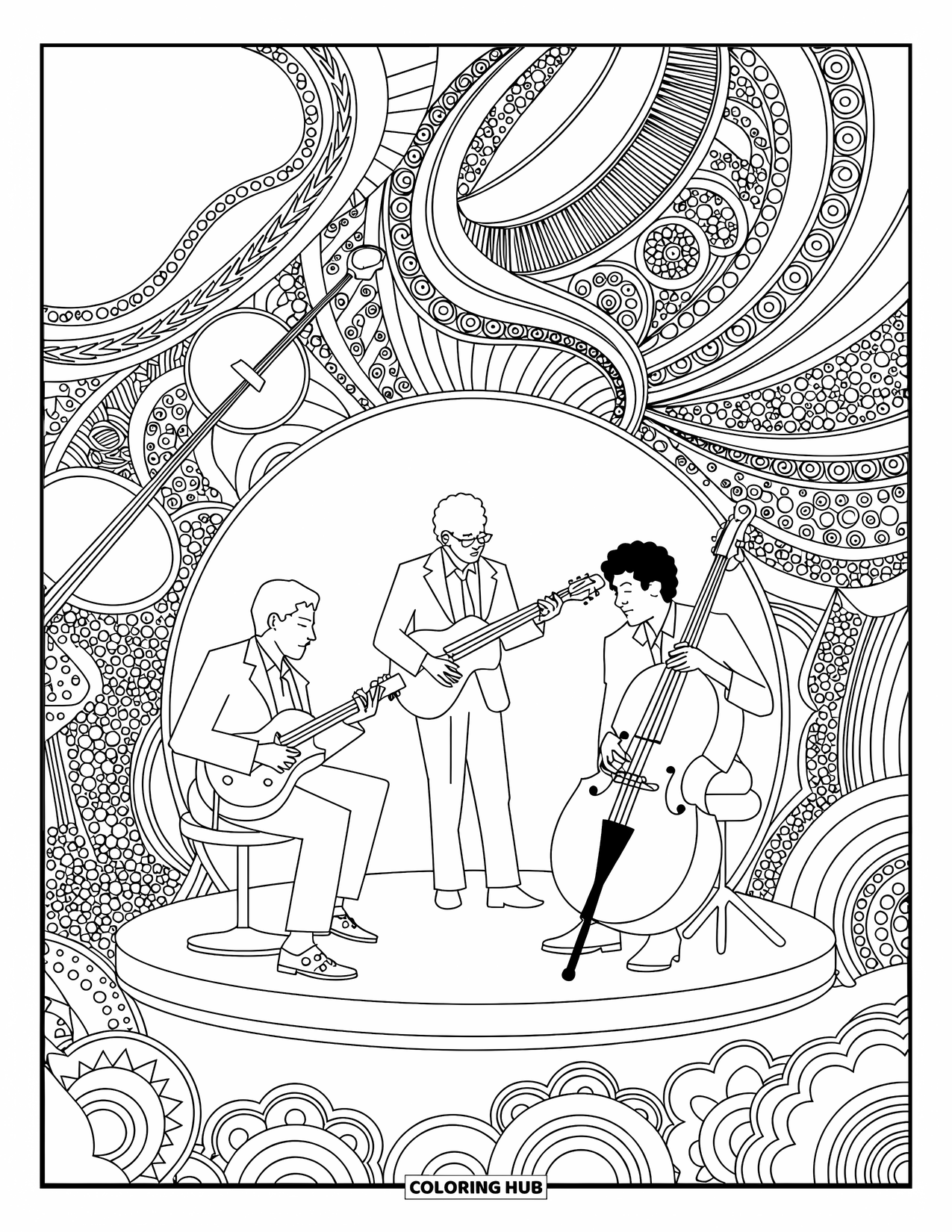 Desenho de Música para Colorir para Adultos: Trio de jazz se apresenta em um pequeno palco cheio de instrumentos, redemoinhos e detalhes intrincados