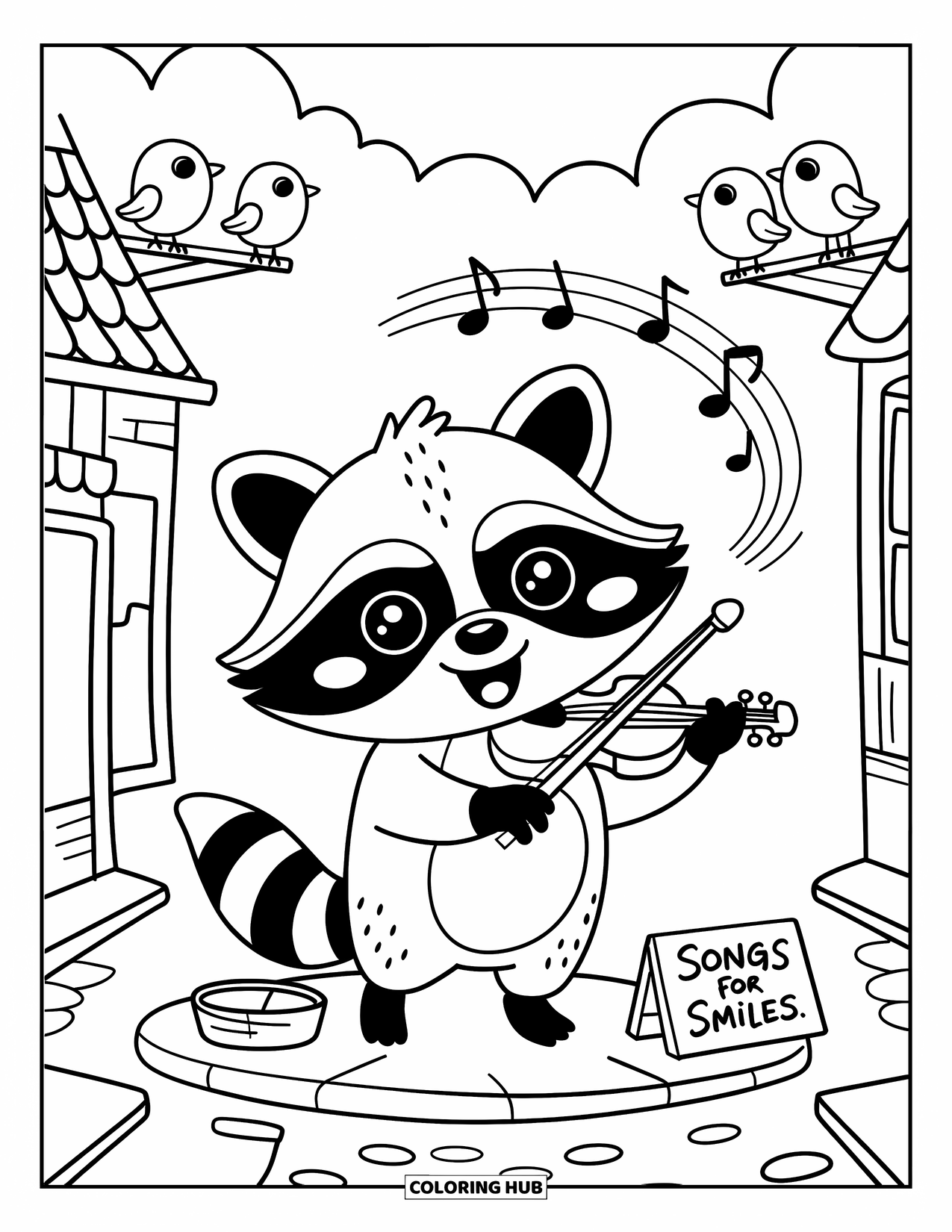Desenho de Música para Colorir para Adultos: Guaxinim alegre tocando violino enquanto pássaros e notas giram suavemente acima